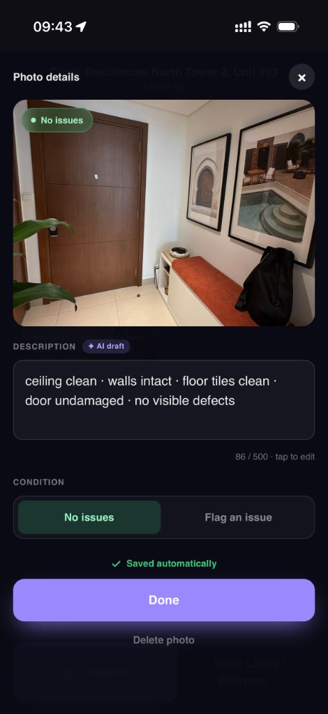 Photo details with issue flagged and AI-drafted description