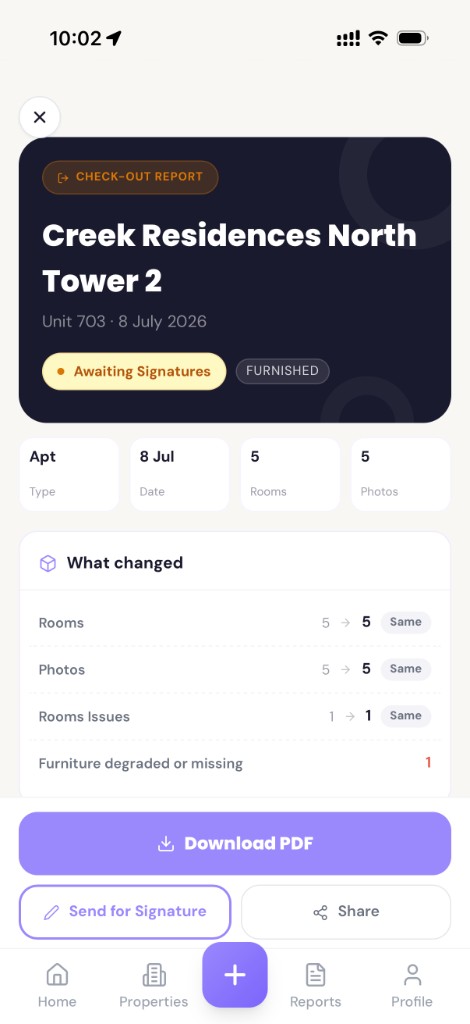 Check-out report showing what changed room by room