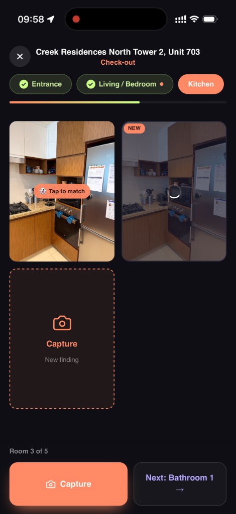 Check-out capture with ghost overlay of the check-in photo