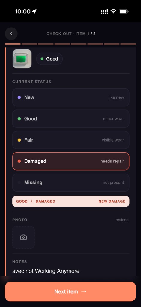 Item condition changed from Good to Damaged — new damage flagged